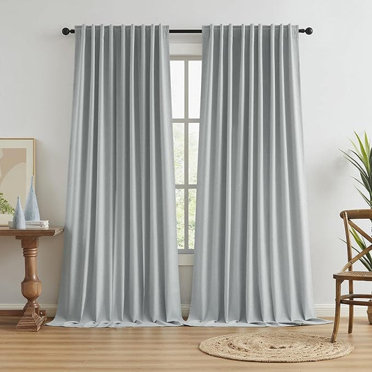 100% Blackout Window Curtain Panels, Back Tab Rod Pocket Hook Belt Pleated Look Curtains for Track System, Energy Efficient Drapes for Living Room Patio Door Blinds Light Grey 72x102 1 Pair