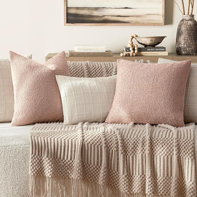 Foindtower Set of 2, Decorative Textured Boucle Throw Pillow Covers Accent Solid Pillow Cases Neutral Soft Cozy Couch Cushion Case for Chair Sofa Bedroom Living Room Home Decor 26 x 26 Inch Light Pink