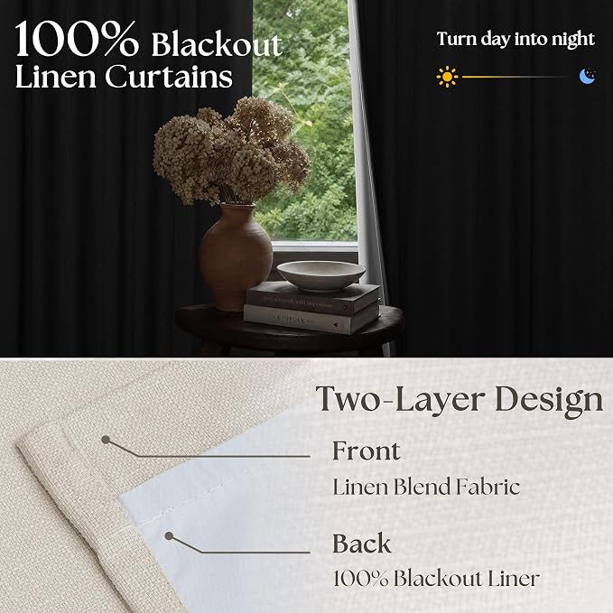 90 Inch Pinch Pleated Blackout Linen Curtains for Bedroom 2 Panels Memory Trained 100% Black Out Soundproof Room Darkening Natural Cream Ivory Birch Window Curtains Double Layer Pinch Pleat Drapes