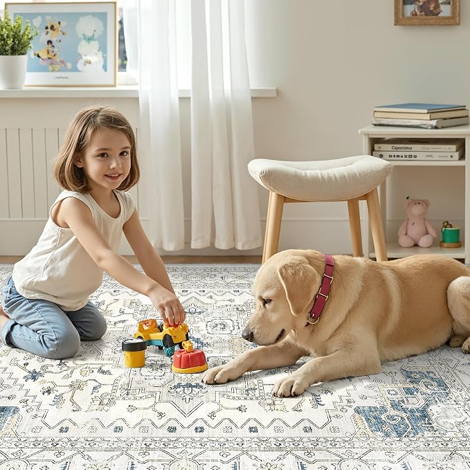 befbee Washable Area Rug 5x7, Area Rugs Stain Resistant Neutral Washable Rugs for Living Rooms Bedroom Vintage Non-Slip Thin Large Size Area Rug（BeigeBlue）