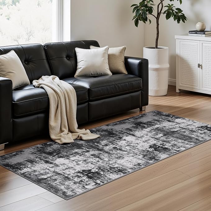 Rugflix 2x8 Runner Rug for Entryway, Kitchen Rugs Soft Non-Slip Washable Runners for Hallway, Abstract Small Carpet with Non-Slip Backing for Bedroom, Living Room, Black Grey