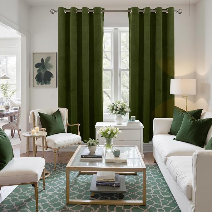 YoungsTex Olive Green Velvet Blackout Curtains 72 Inch Length for Living Room, Grommet Thermal Insulated Window Drapes Privacy Room Darkening for Bedroom, 2 Panels, 52 X 72 Inch