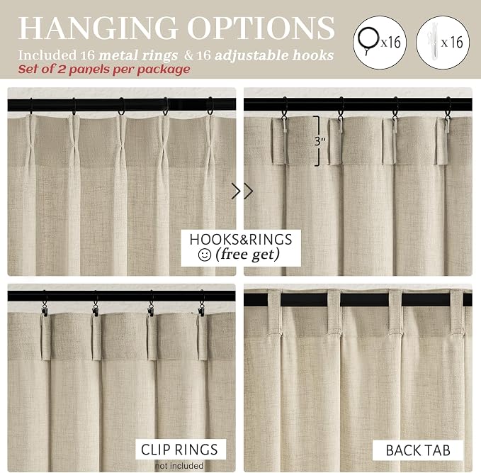 Pinch Pleated Warm Beige Sheer Curtains 102 Inches Long for Sliding Glass Doors 2 Panels Set, Burlywood Birch Flax Linen Light Filtering Window Drapes with Hooks for Kids Room 40"W x 102"L Inch Length
