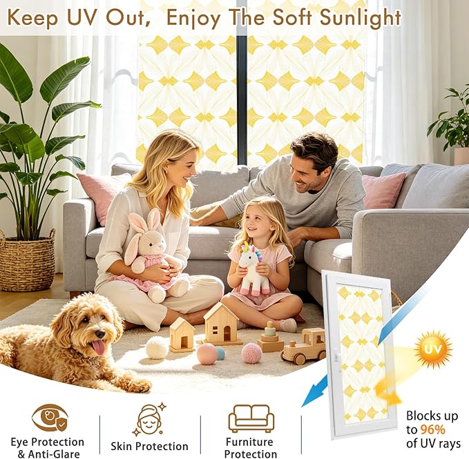 SOMWISE Frosted Glass Window Privacy Film with Tools, Heat Blocking, Anti-UV, Anti-Glare, Static Cling, Decor for Home Bathroom Door, Renter Friendly, Removable, Reusable, Yellow 17.5Inchx78.5Inch