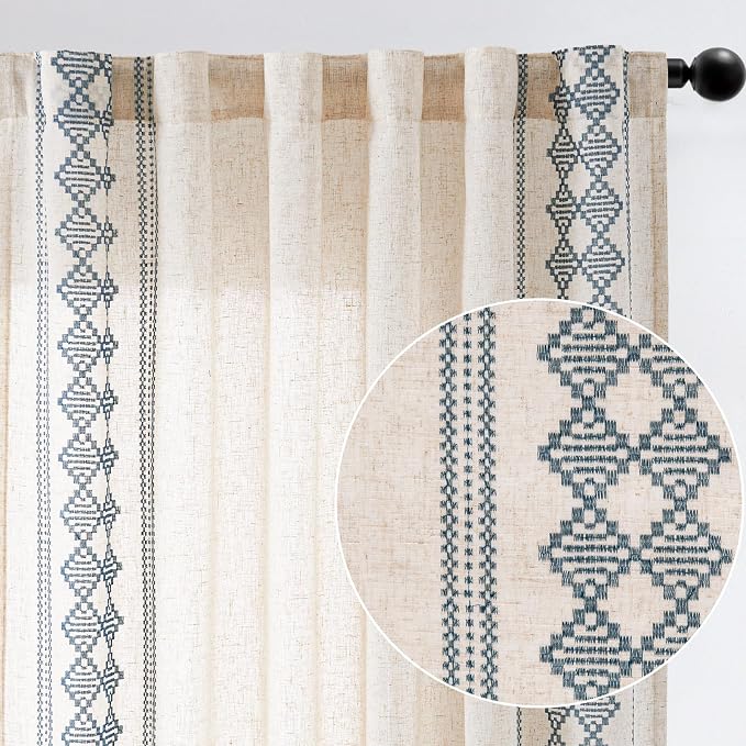 jinchan Boho Curtains Linen Blend Beige Farmhouse Curtains 84 Inches Long for Living Room Blue Square Embroidered Bordered Back Tab Bedroom Window Light Filtering Bohemian Drapes 2 Panels