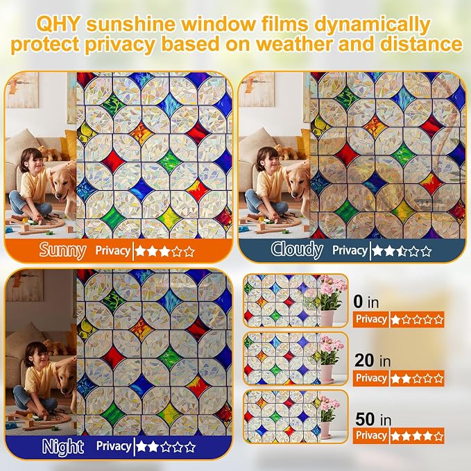 QHY Sunshine Colorful Rainbow Stained Glass Window Film Non-Adhesive Window Privacy Film Reusable Decorative for Room (Rainbow Mosaic, 23.6 x 78.7 in)