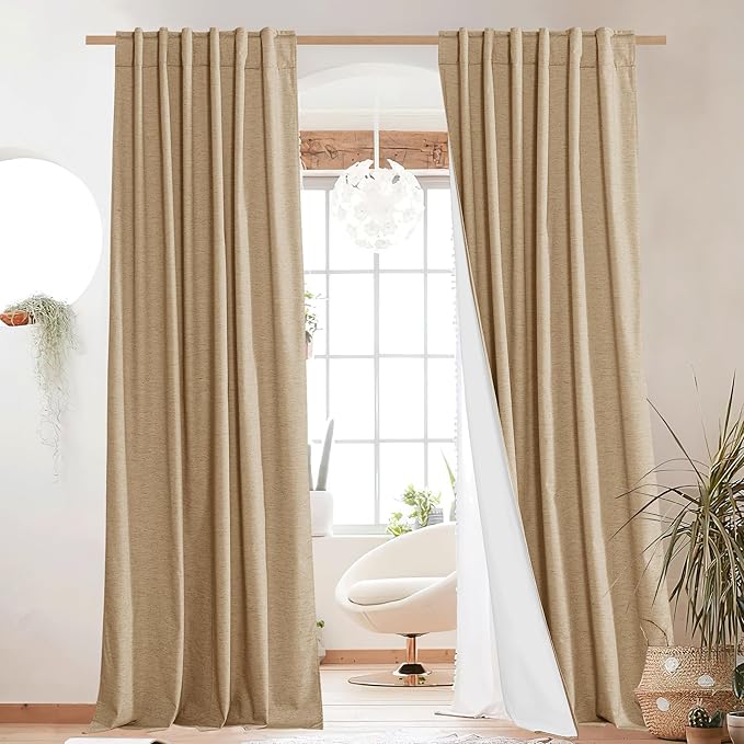 NICETOWN 100% Blackout Linen Curtains for Living Room with Thermal Insulated White Liner, Camel, 52" Wide, 2 Panels, 84" Long Drapes, Back Tab Retro Linen Curtains Vertical Drapes Privacy for Bedroom