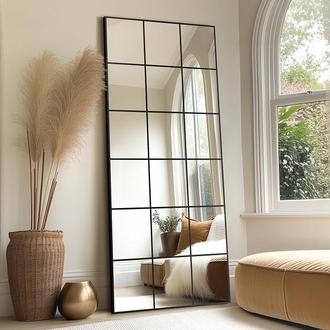 Delma Full Length Mirror, 30"x 70" Window Pane Decorative Mirror for Wall, Black Metal Framed Wall Decor, Wall Mounted, Hanging or Leaning for Bedroom, Living Room, Entryway