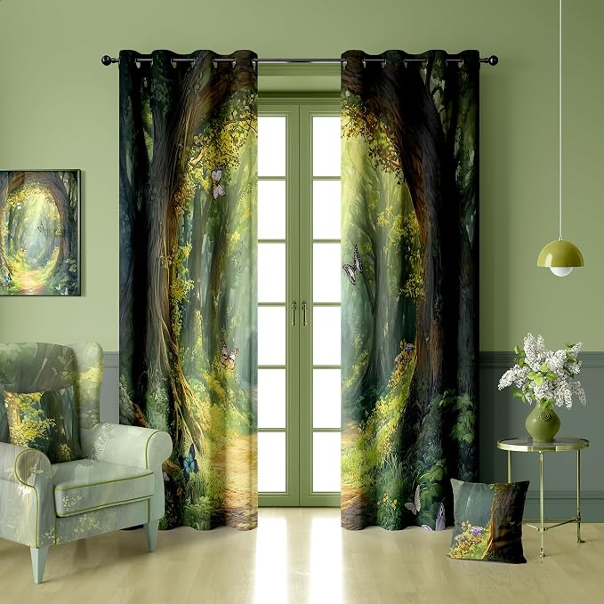 iTapnoom Enchanted Forest Blackout Curtain, Butterfly Nature Lanscape Scene Window Curtains Darkening Thermal Insulated Window Drapes for Living Room Bedroom Decor 2 Panels 52x84 Inches