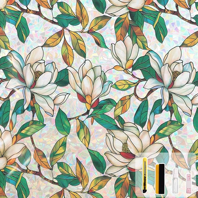 Kromapolis Window Privacy Film, Stained Glass Sticker Floral Window Clings, Decorative Static Clings UV Blocking Colorful Decals, Removable Vinyl Covering White Magnolia Flowers, 23.6'' x 157.4''