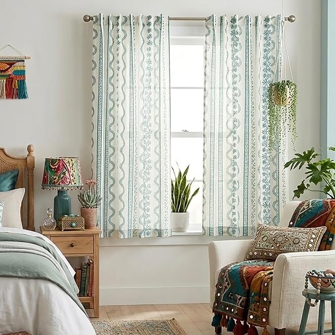 Teal Bohemian Floral Curtains for Living Room, Boho Linen Sheer Curtains for Bedroom 63 Inches Long