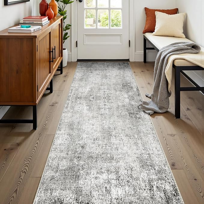 RELEANY Washable Area Rugs 2'x8' Non-Slip Modern Abstract Soft for Living Room Entryway Bedroom Kitchen, Print Pattern, Gray White Grey