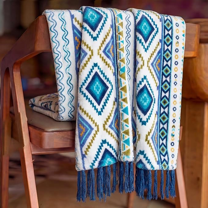 CASAAGUSTO Boho Throw Blanket for Couch - Farmhouse Throw Blanket with Tassel, Western Aztec Blanket, Printed Flannel Bohemian Blanket,Gifts for Women(50x60 Inches, Blue and White)