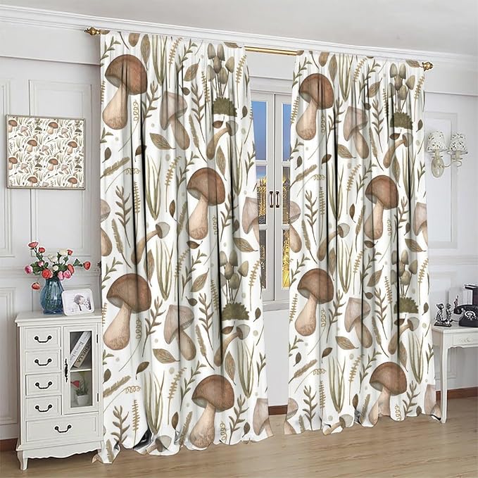 Watercolor Mushroom Curtains, Rustic Vintage Country Wild Mushroon Plants Leaves Print Blackout Window Drapes for Home Kitchen Bedroom Livingroom, 72" W X 63" L