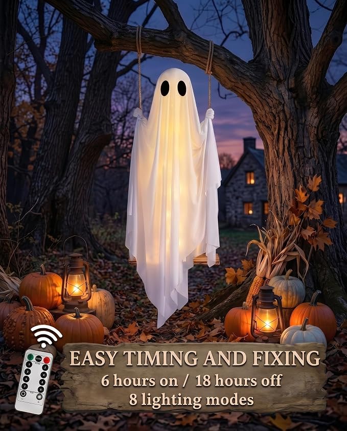 Halloween Hanging Swing Ghost Halloween Decor, Spooky Ghost Decor Outdoor | LED Lights & Remote Control, Timer Function, Waterproof, Solid Wood,With Witch Hat, Rope Adjustable