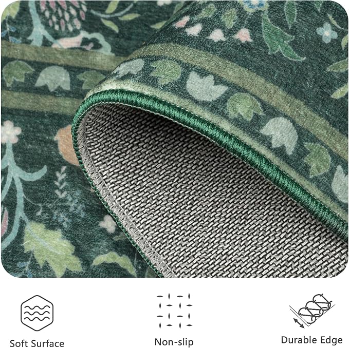 8x10 Area Rugs, Machine Washable Low Pile Floral Rugs for Living Room, Bedroom, Large Boho Area Rug with Non-Slip Backing for Dining Room(Dark Green)