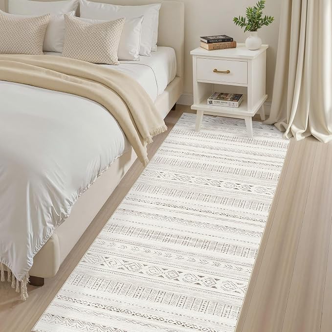 cotiled Hallway 2.6x8 Runner Rugs: Washable Boho Rugs with Non Slip Backing Large Soft Indoor Low Pile Carpet for Living Room Bedroom Farmhouse Dining Room Lightweight Home Decor L Brown/Cream