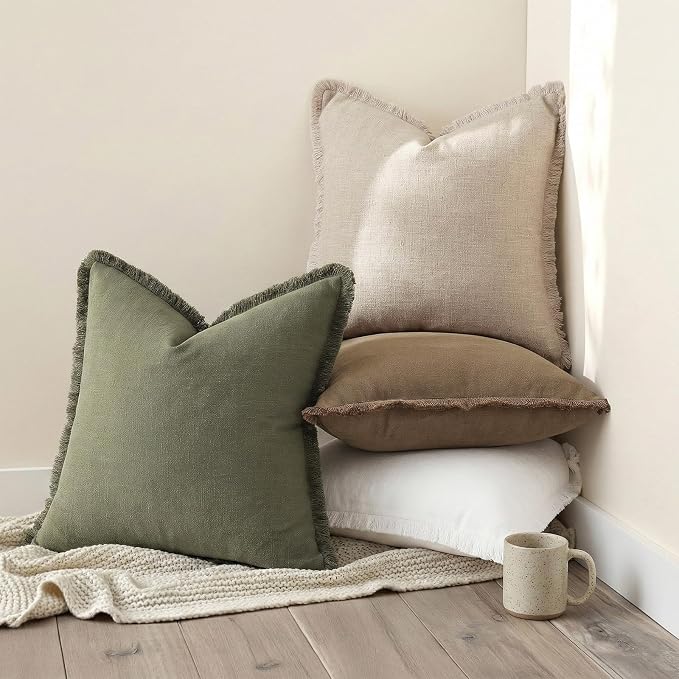 decorUhome Linen Fringe Euro Sham Throw Pillow Covers Set of 2 Decorative Olive Green Pillow Covers with Tassels Soft Accent Boho Farmhouse Pillow Cases for Couch Bed Sofa 22x22 Inch