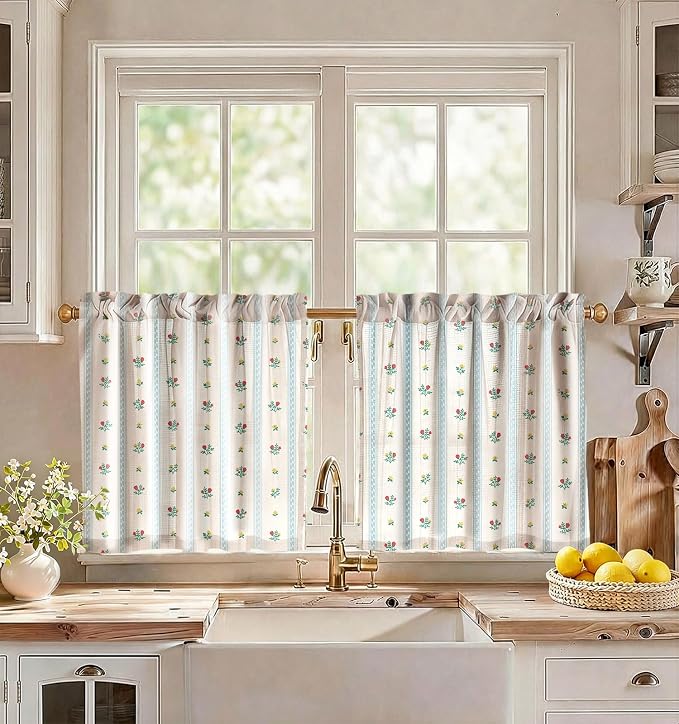 Miss Adola Farmhouse Kitchen Tier Curtains - 24 Inch Length Linen Blend Boho Cafe Curtains Blue Floral Small Window Treatments Over Sink Rod Pocket for Bathroom Living Room Light Filtering, 2 Panels