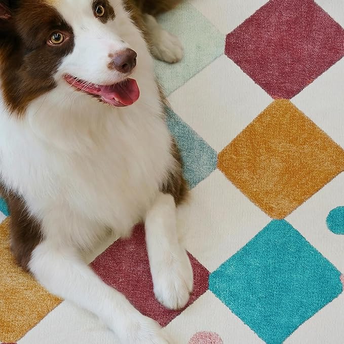 jinchan Macy Area Rug for Kids Room 5'x5' Square Rug Modern Colorful Nursery Rug Checkered Diamond Play Mat Washable Soft Non Slip Carpet for Playroom Bedroom Dorm Daycare Confetti on Cream