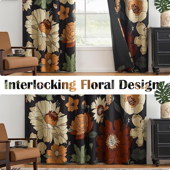 jinchan Lora Floral Curtains for Bedroom Blackout Drapes for Living Room Darkening Fabric Vintage Black Boho Flower Pattern Fall Decor Window Curtains 84 Inches Length 4 Panels with Grommet