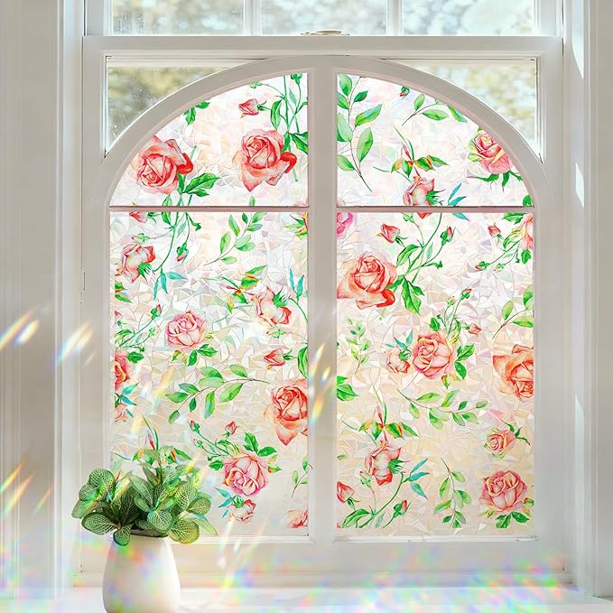 Coavas Window Privacy Film, Rainbow Stained Glass Decorative Window Clings, Anti-UV Heat Control Static Cling, Non-Adhesive Windows Tint for Home Bathroom Door, 29.5 x 78.7 Inches