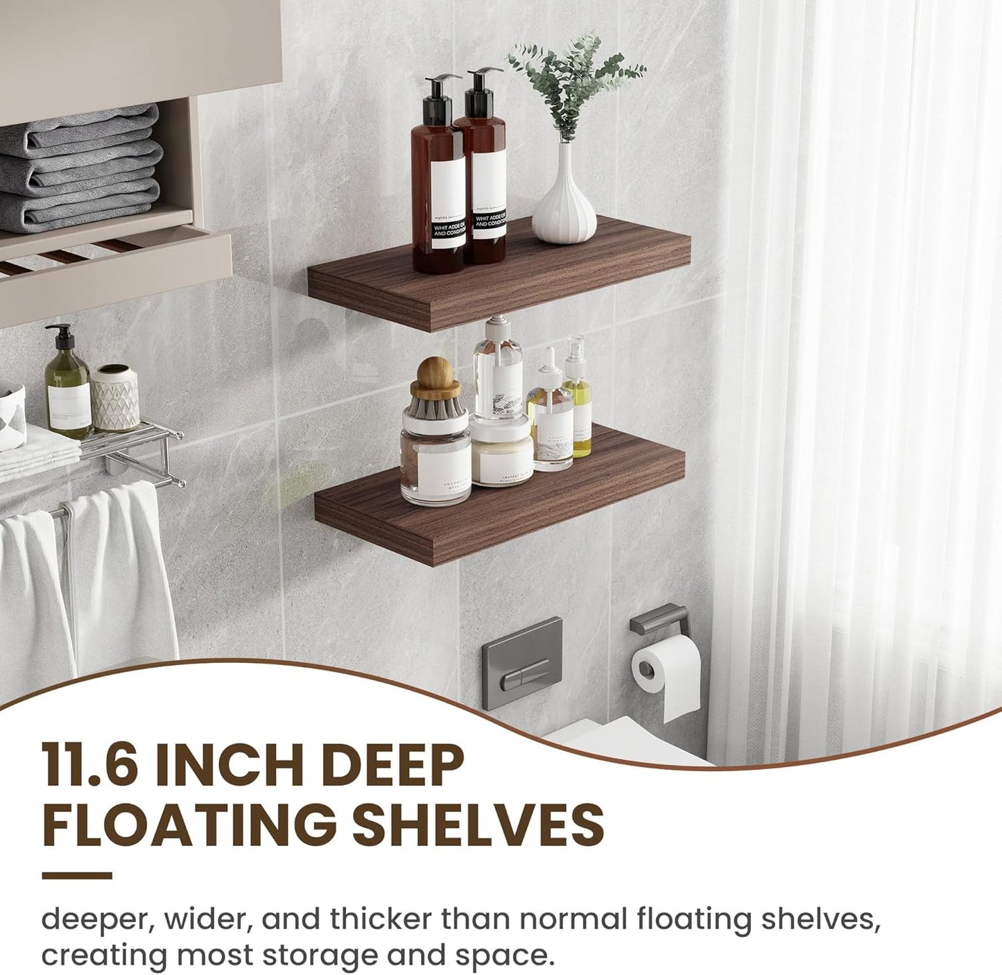 24 Inch Floating Shelves, 11.6 Inch Deep Floating Shelves for Wall, Floating Shelf with Invisible Brackets, Deep Shelves for Bathroom, Bedroom, Living Room, 2 Pack, Walnut
