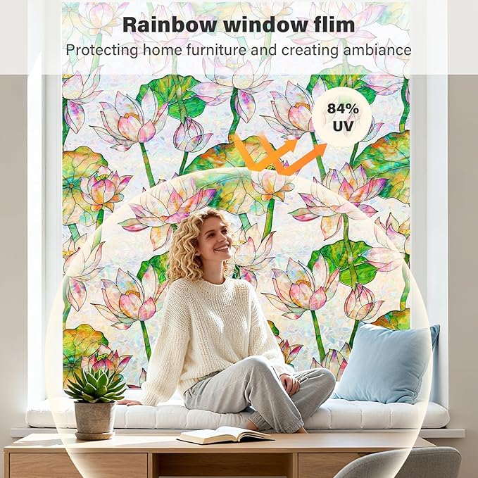 Donox Window Privacy Film Static Cling, Decorative Stained Glass Style Tint, Lotus Pattern with Rainbow Effect for Home and Office, UV Blocking No Glue Removable, 23.6 x 78.7 inches