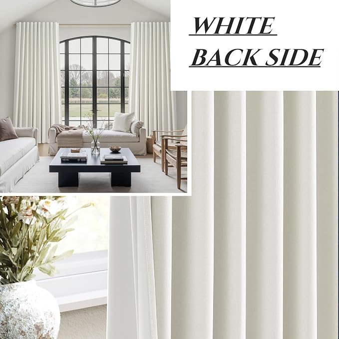 Cute Blackout Curtains 60 Inches Extra Wide Linen 92 Inch Length for Living Room/Sliding Glass Door,Pleated Heavy Duty Thermal Drapes for Winter Thick Large Window(60"Wx92"L 2 Panels Beige White)