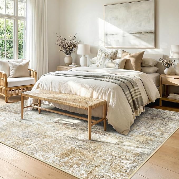 RELEANY Washable Area Rugs 9'x12' Non-Slip Modern Abstract Soft for Living Room Entryway Bedroom Kitchen, Print Pattern, Neutral Brown Gray