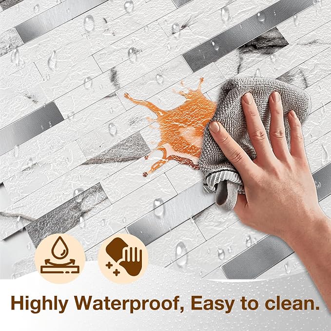 Peel and Stick Backsplash Tile Waterproof Removable PVC Wall Sticker 3D Faux Stone Marble Brick White Accent Panels (Rough White Marble - Metal Silver, 40 Tiles - 18 sq. ft. (1.68 m²)