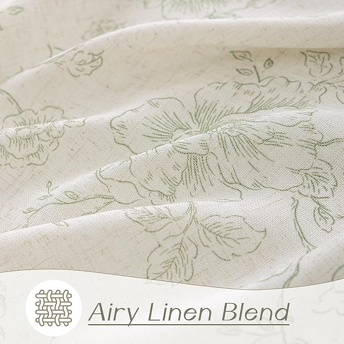 Green Floral Curtains 90 inch Length Back Tab Farmhouser Living Room Light Filtering Curtains Green Pattern Print on Cream White Linen Curtain Minimalist Aesthetic Sketch Style Vintage Room Decor