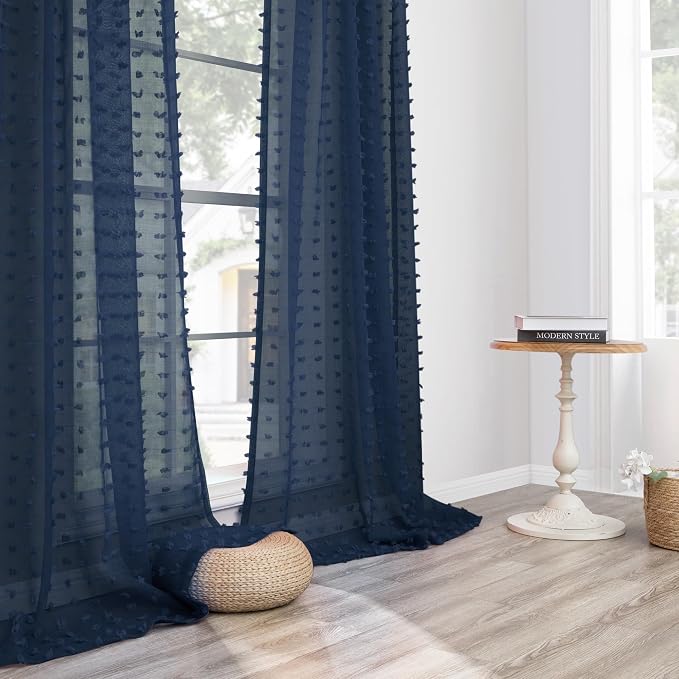 Navy Blue Curtains 90 Inches Long for Living Room Bedroom Cute Pom Pom Farmhouse Boho Drapes Semi Sheer Nursery Kids Room Classroom Back Tab 2 Panels Indigo Royal Dark Blue Curtains 90 Inch Length