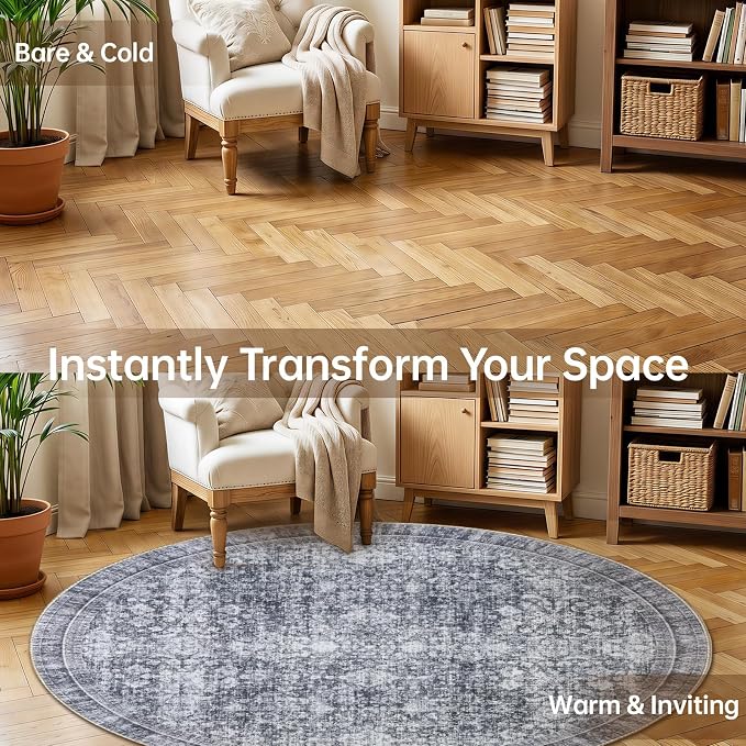 Sasttie Round Rugs 6ft, Ultra-Soft Washable Circle Rug, Low Pile Foldable Thin rugs with Non-Slip Backing, Skin-Friendly Stain Resistant Carpet for Living Room, Bedroom, Kitchen, Dorm, 6ft, Black Grey