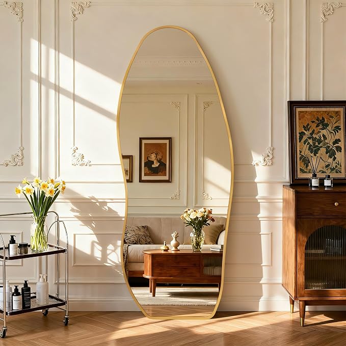 Dorlicecass Mirror Full Length - Irregular Full Body Mirror Standing or Leaning or Wall Hanging 63"x 24" Asymmetrical Aviation Aluminum Alloy Frame Unique for Bedroom, Living Room, Cloakroom, Entryway