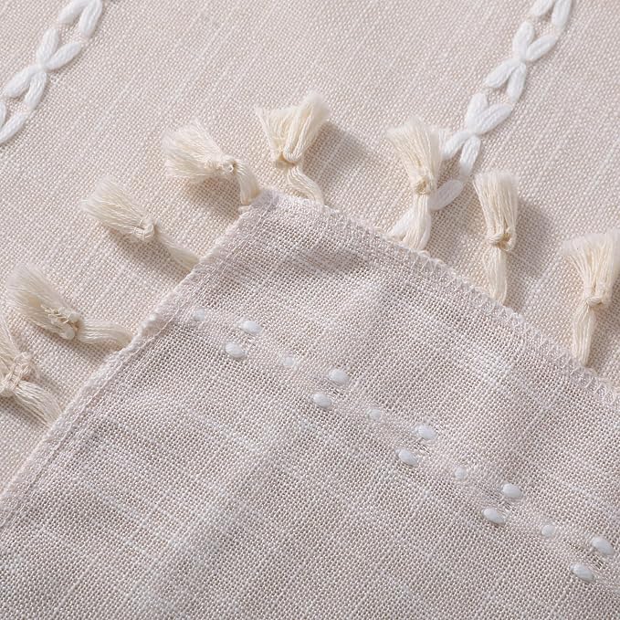 RoomTalks Boho Beige Curtains for Bedroom Living Room 96 Inch Length French Country Modern Farmhouse Cotton Window Curtain Panels Embroidery Striped Bohemian Tassel Draperies, 96’’L x 52’’W