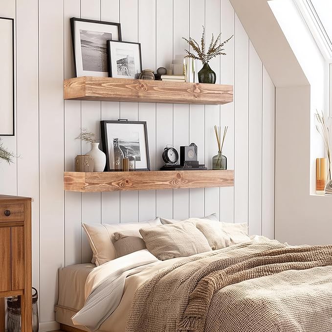 36x3x7 inch Floating Shelves Wall Mounted - Set of 2 Wood Rustic Solid Wood Wall Shelf - Heavy Duty Decorative Fireplace Mantel for Living Room, Bedroom, Bathroom, Kitchen