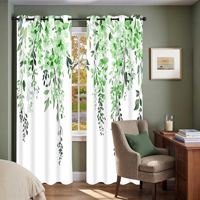 Green Watercolor Floral Curtains, Botanical Leaves Vine Flowers Curtain, Rustic Farmhouse Flower Leaf Blackout Window Treatment Drapes for Bedroom Living Room 42x72 inch, 2 Panels