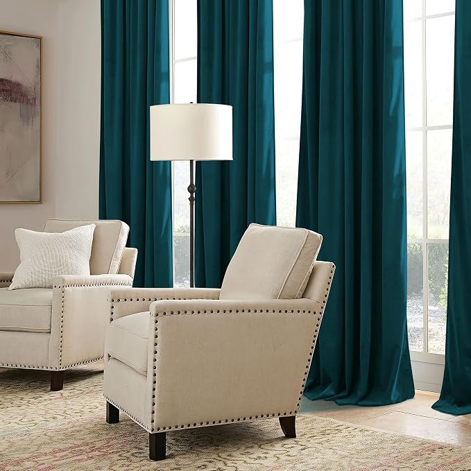 RYB HOME Teal Blue Velvet Curtains for Bedroom Living Room, Thermal Insulated Privacy UV Heat Blocking Luxurious Drapes for Nursery Dining Room, 52" W x 84" L, 2 Panels, Rod Pocket/Back Tab/Hook Belt