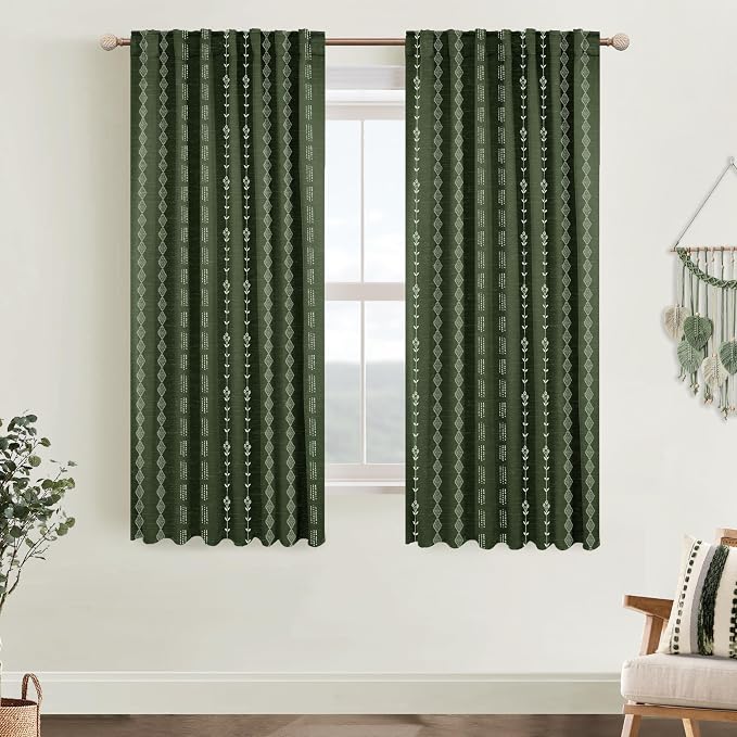Lino Rosa Olive Green Black Out Curtains 63 Inch Long, Boho Room Darkening Curtains for Bedroom, Cozy Sanctuary Blackout Light Blocking Curtain Drapes, 50" W x 63" Length