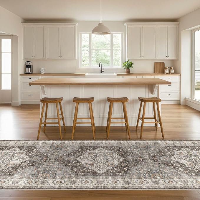 Runner Rug Kitchen Washable Rugs: 3x10 Non-Slip Boho Vintage Stain Resistant Indoor Neutral Farmhouse Throw Carpet for Hallway Bathroom Laundry Room Entryway Bedroom- Grey Brown