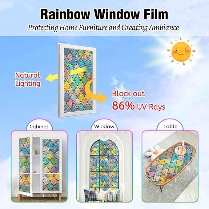 QHY Sunshine Colorful Rainbow Stained Glass Window Film Non-Adhesive Window Privacy Film Reusable Decorative for Room (Chequered Rainbow, 17.5 X 157.4 in)