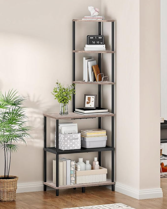CHOEZON 6-Tier Corner Shelf, Industrial Corner Bookshelf with Desk Top, Diamond-Shaped Storage Shelves, Display Stand for Small Spaces, Living Room, Home Office, Foyer, Greige and Black TCJ70BG