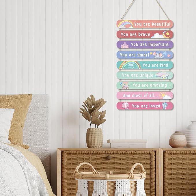 MONALET Pastel Boho Inspirational Wall Decor for Girls Kids Room Nursery Office Playroom Classroom, Positive Affirmations Hanging Wooden Signs, You Are Loved Wall Art Wood Plaque 9Pcs 12x19