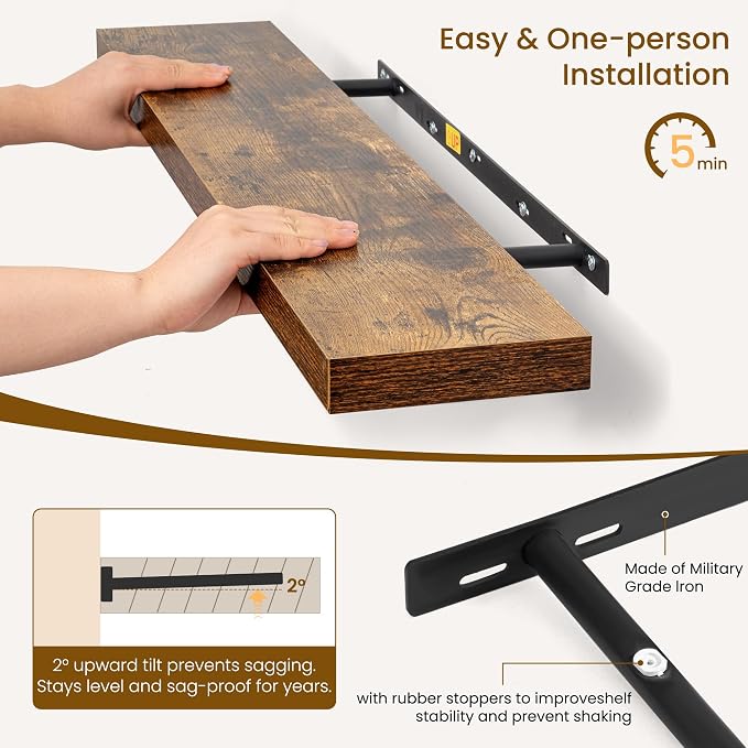 Dreamland 48Inch Floating Shelves for Wall, Rustic Wooden Storage Shelf for Living Room, Kitchen, Farmhouse, Wall Mounted Display Shelving with Invisible Heavy-Duty Metal Bracket, Set of 2 - Brown