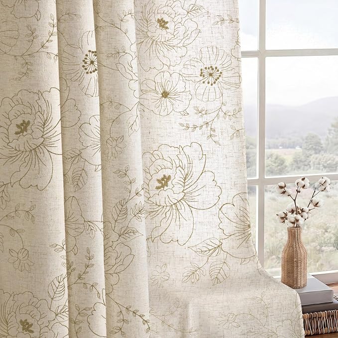 Boho Floral Curtains, Vintage Farmhouse Curtains 84 Inches Long, Beige Cottage Core Flower 2 Panels