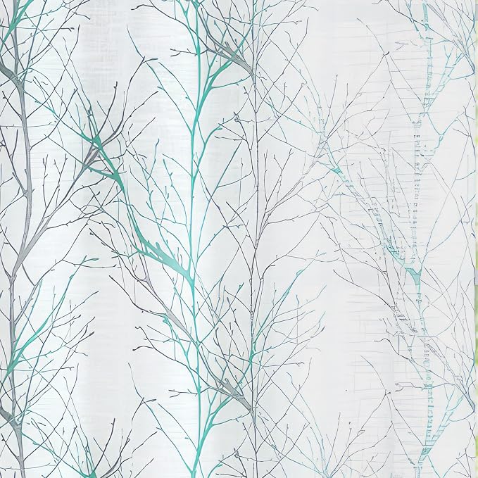 FMFUNCTEX Linen Semi Sheer Curtains for Bedroom, Auqa Blue White Curtains 63 Inches Long for Living Room, Grey Tree Branch Patterned Curtain Light Filtering Window Drapes, Grommet Top 2 Panels