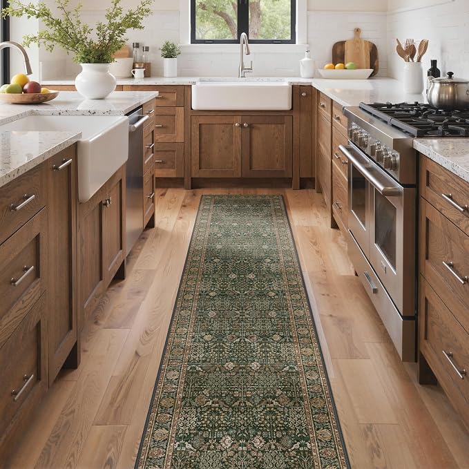 Bavni 2x10 Rug Runners for Hallways, Washable Runner Rug Non Slip,Vintage Floral Print Style Rugs for Bedroom-Lightweight Low Pile Carpet for Hallways Bathroom, Green/Multi