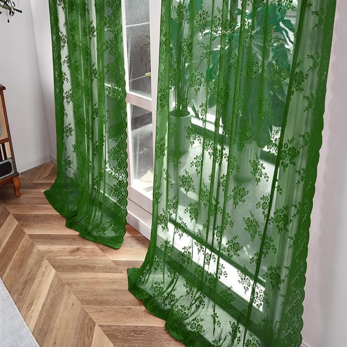 Kotile 63 Inch Emerald Green Sheer Curtains 2 Panels Set Country Rustic Floral Vintage Hunter Green Lace Curtains for Bedroom, Rod Pocket Privacy Dark Green Sheer Lace Curtains, Each 42 x 63 Inch