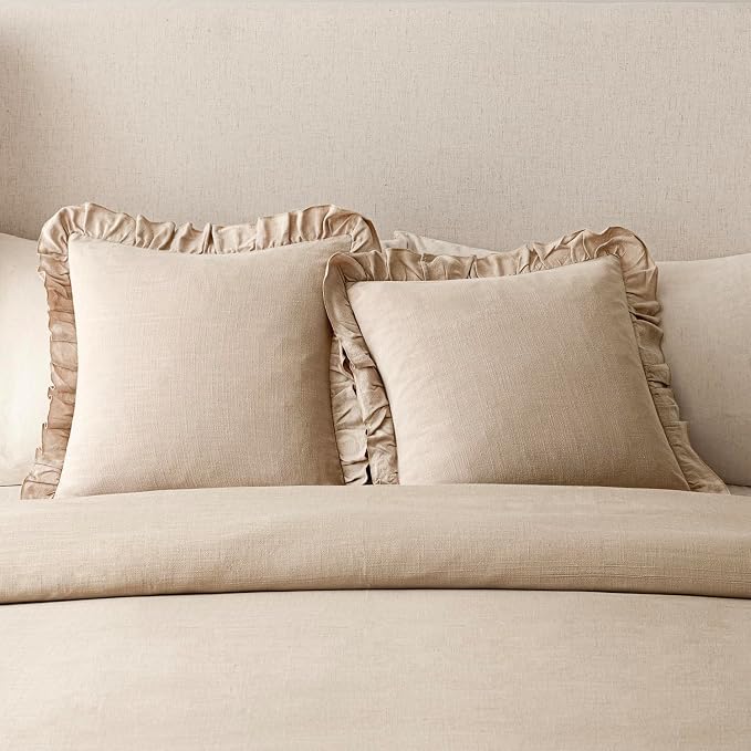 Foindtower Set of 2 Decorative Soild Fringe Ruffle Throw Pillow Covers Soft Boho Farmhouse Cushion Cover Cozy Accent Retro Pillowcase for Couch Sofa Bed Living Room Home Decor,22×22 Inch,Light Tan